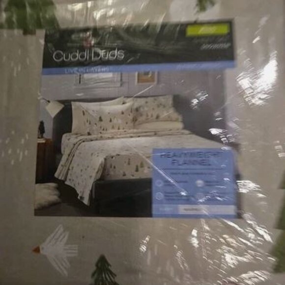 Cuddl Duds KING Size 4 pc soft Flannel sheet set Tree Snowman Print Tan NWT